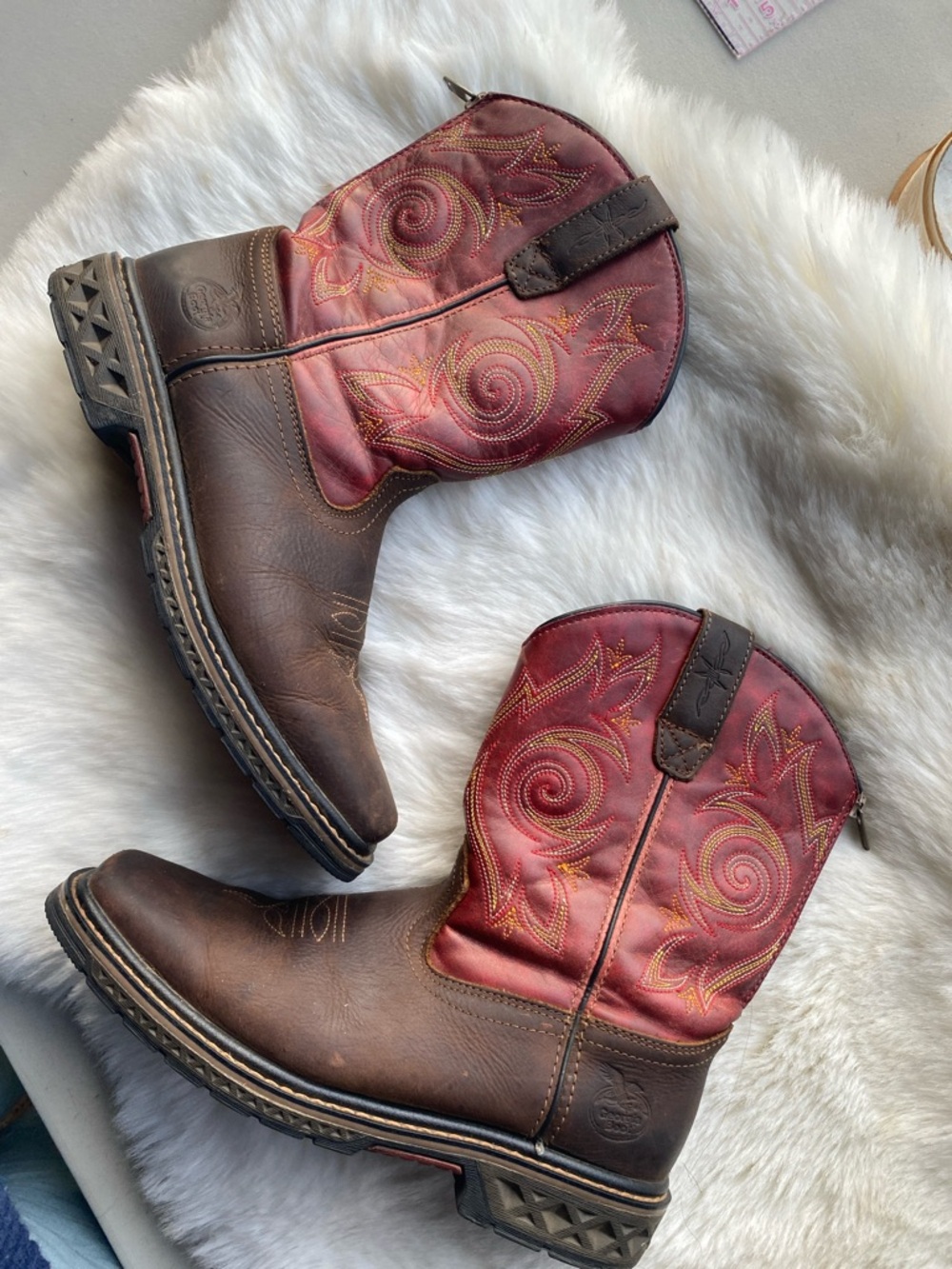 Georgia Boot Brown Leather Western Ankle Boots with Red Stitch-Embroidered Shaft